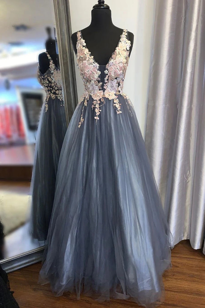 A Line V Neck Smoke Blue Long Prom Dress with Lace Appliques, Floral Smoke Blue Formal Graduation Evening Dress