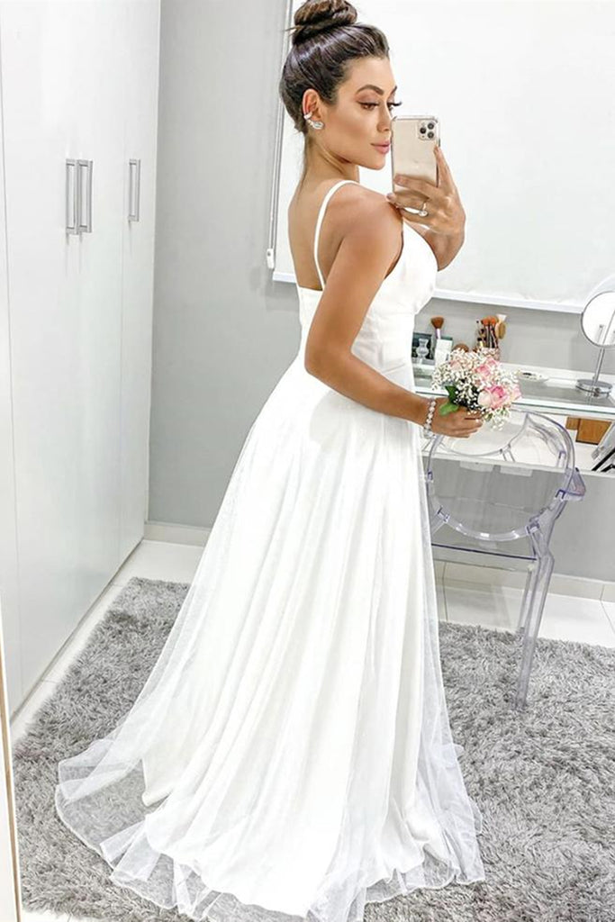 A Line V Neck Thin Straps White Chiffon Long Prom Dress, V Neck White abcprom A Line V Neck Thin Straps White Chiffon Long Prom Dress, V Neck White abcprom