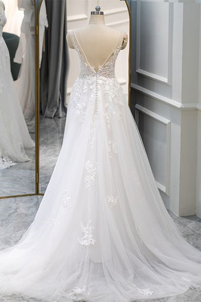 A Line V Neck White Lace Long Prom Dress, White Lace Wedding Dress, White Formal Evening Dress A1801