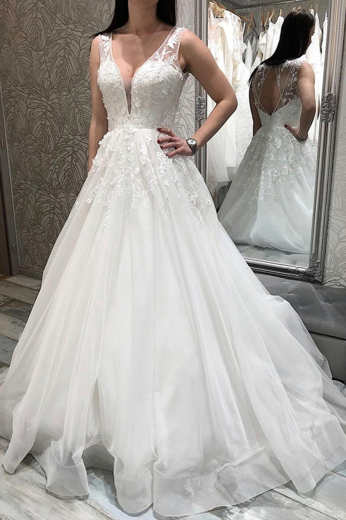 A Line V Neck White Lace Long Prom Dress, White Lace Wedding Dress, White Formal Evening Dress A1378
