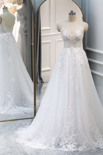 A Line V Neck White Lace Long Prom Dress, White Lace Wedding Dress, White Formal Evening Dress A1801