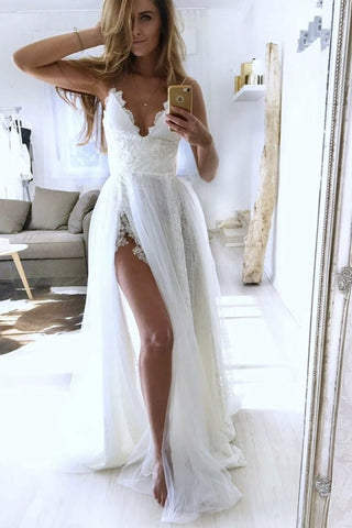 A Line V Neck White Lace Long Prom Dress with High Slit, V Neck White Lace Wedding Dress, White Lace Formal Evening Dress