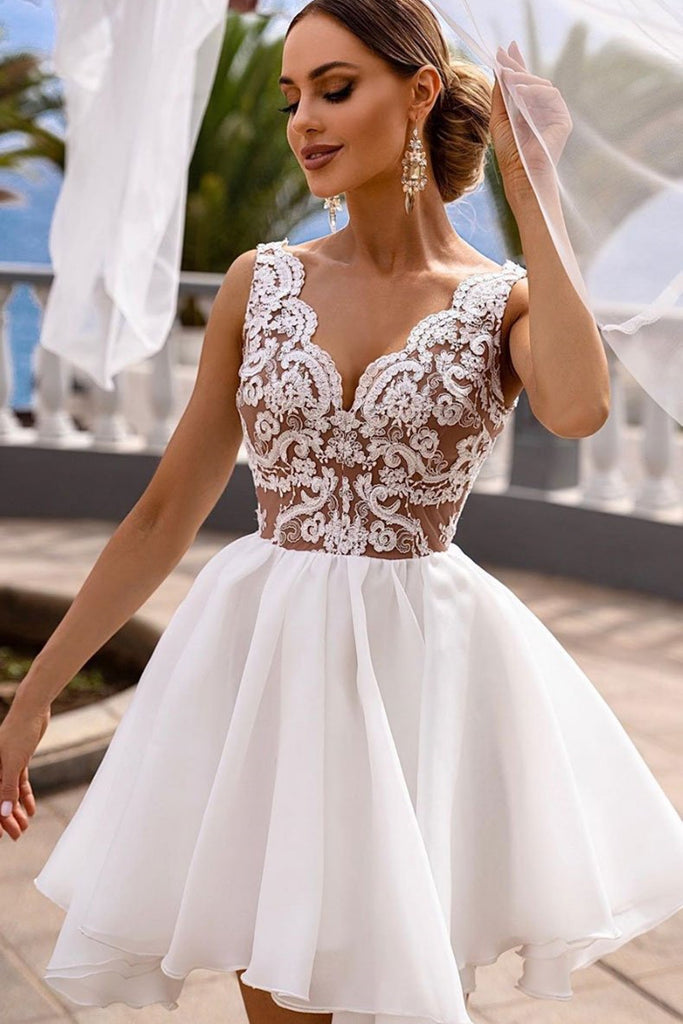 A Line V Neck White Lace Short Prom Dress, Short White Lace Formal Graduation Homecoming Dress