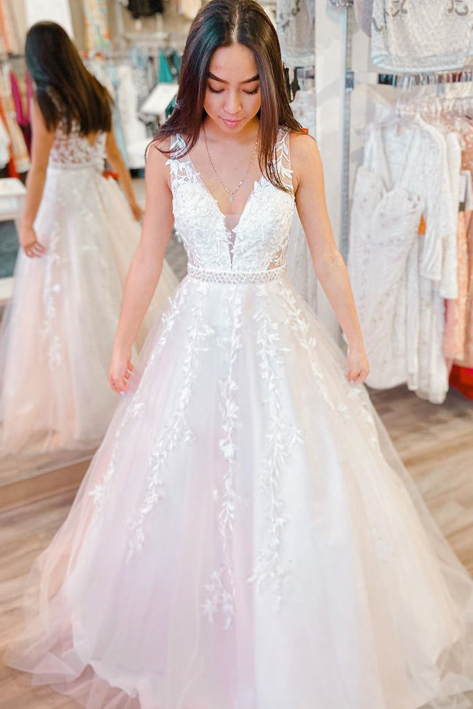 A Line V Neck White Lace Wedding Dress with Belt, White Lace Long Formal Prom Dress, White Evening Dress A Line V Neck White Lace Wedding Dress with Belt, White Lace Long Formal Prom Dress, White Evening Dress