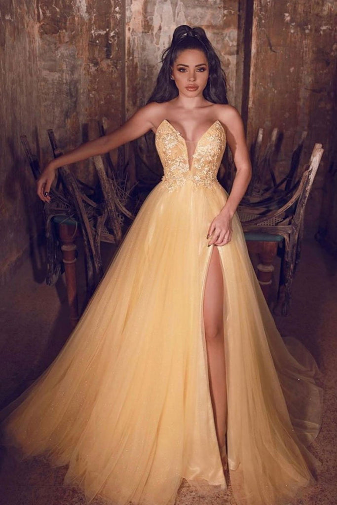 A Line V Neck Yellow Lace Long Prom Dress with High Slit, V Neck Yellow Lace Formal Graduation Evening Dress