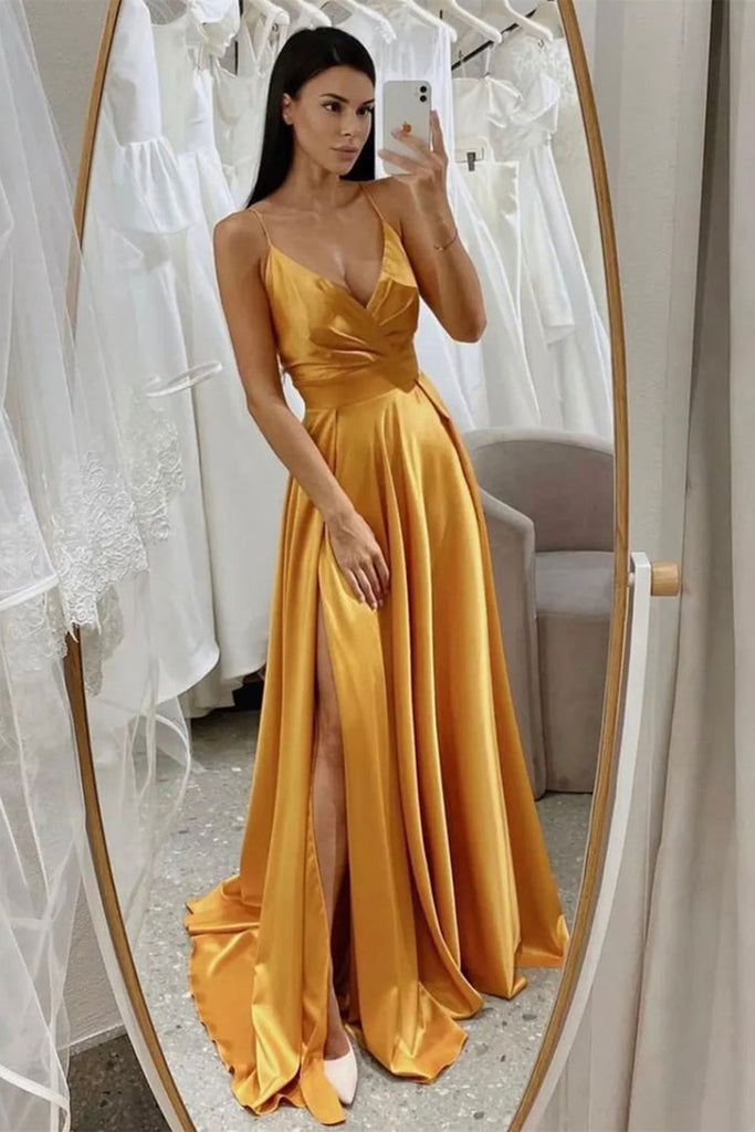 A Line V Neck Yellow Satin Long Prom Dresses with High Slit, V Neck Yellow Formal Graduation Evening Dress A1673