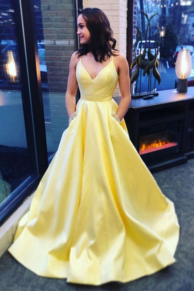 A Line V Neck Yellow Satin Long Prom Dress with Pocket, V Neck Yellow abcprom A Line V Neck Yellow Satin Long Prom Dress with Pocket, V Neck Yellow abcprom