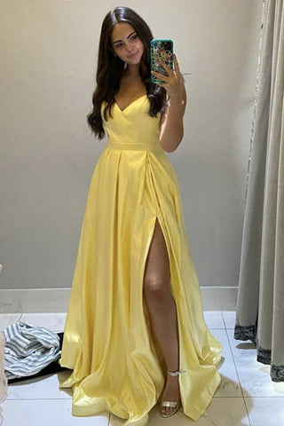 A Line V Neck Yellow Satin Long Prom Dress with Slit, V Neck Yellow Formal Graduation Evening Dress A1277