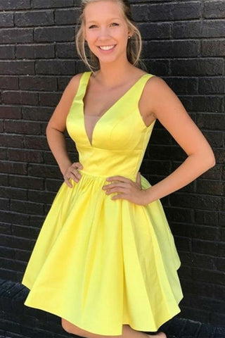 A Line V Neck Yellow Satin Short Prom Homecoming Dress, V Neck Yellow Formal Graduation Evening Dress A1655