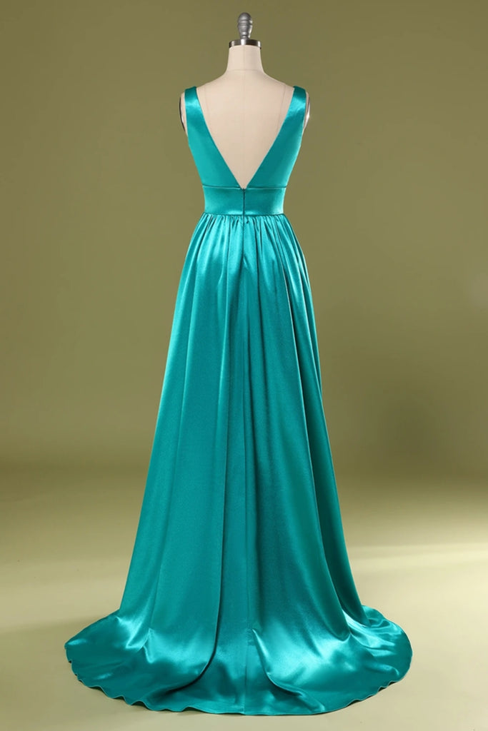 A Line V Neck and V Back Turquoise Long Prom Dress with Slit, Turquois abcprom A Line V Neck and V Back Turquoise Long Prom Dress with Slit, Turquois abcprom