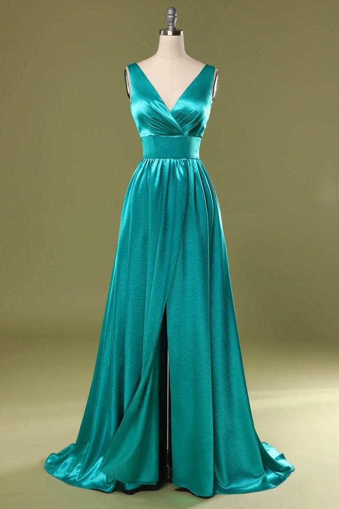 A Line V Neck and V Back Turquoise Long Prom Dress with Slit, Turquois abcprom A Line V Neck and V Back Turquoise Long Prom Dress with Slit, Turquois abcprom
