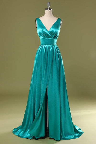 A Line V Neck and V Back Turquoise Long Prom Dress with Slit, Turquoise Formal Graduation Evening Dress
