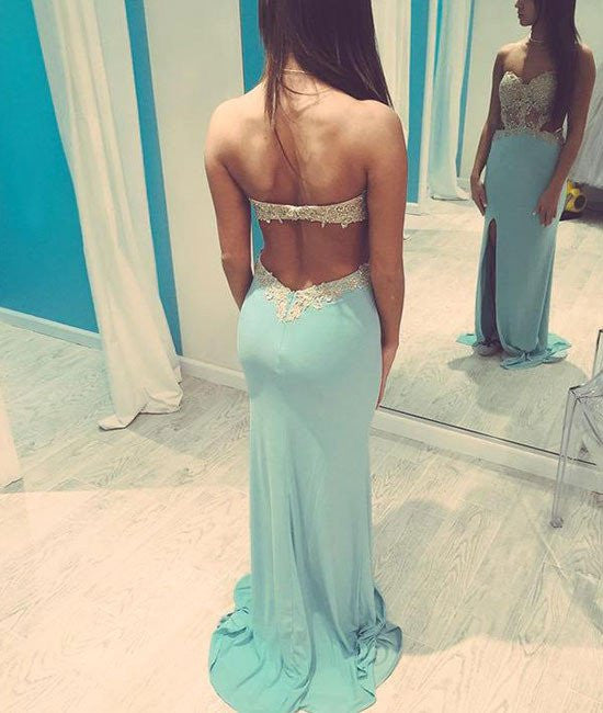 A Line Backless Lace Baby Blue Prom Dresses, Lace Baby Blue Formal Dresses