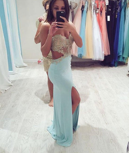 A Line Backless Lace Baby Blue Prom Dresses, Lace Baby Blue Formal Dresses