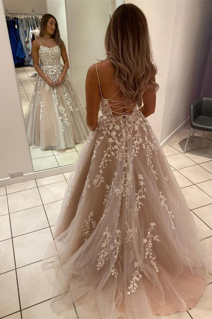 A Line Backless Lace Long Champagne Prom Dress, Backless Lace