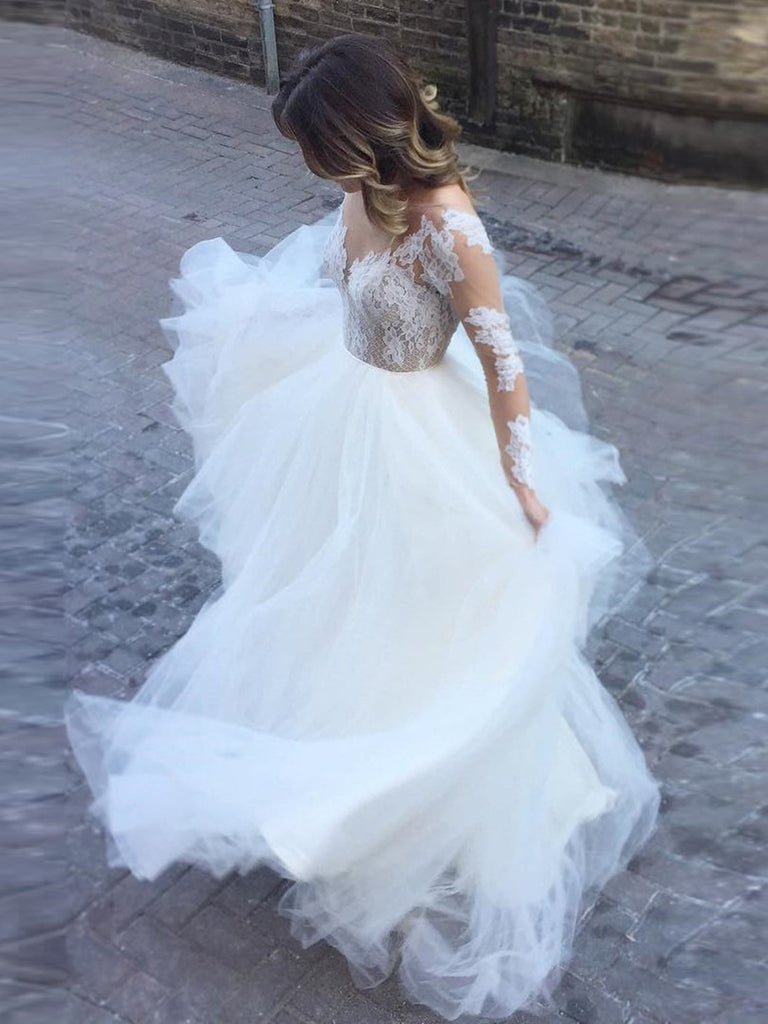 A Line Bateau Backless Long Sleeves Lace White Wedding Dresses with Ap abcprom A Line Bateau Backless Long Sleeves Lace White Wedding Dresses with Ap abcprom
