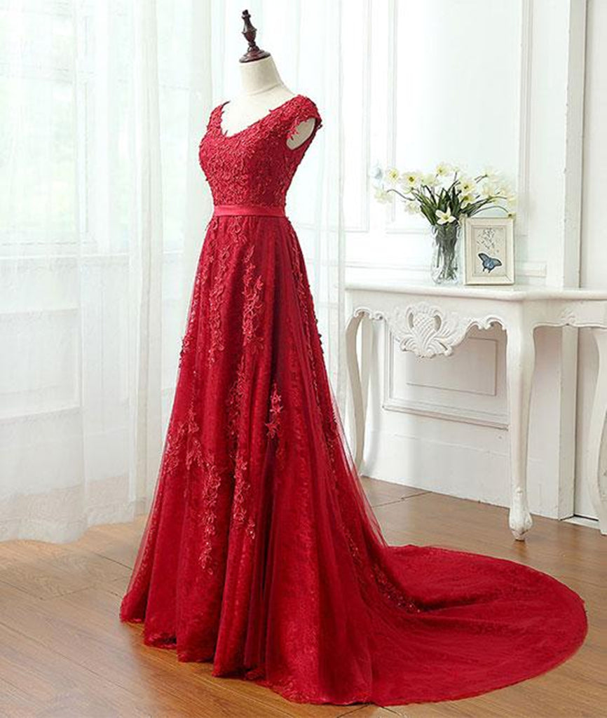 A Line Cap Sleeves Burgundy Lace Long Prom Dress with Appliques, Burgu abcprom A Line Cap Sleeves Burgundy Lace Long Prom Dress with Appliques, Burgu abcprom