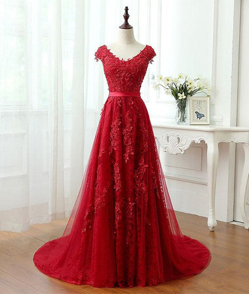 A Line Cap Sleeves Burgundy Lace Long Prom Dress with Appliques, Burgu   abcprom