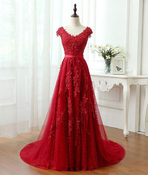 A Line Cap Sleeves Burgundy Lace Long Prom Dress with Appliques, Burgundy Formal Dress, Burgundy Evening Dress