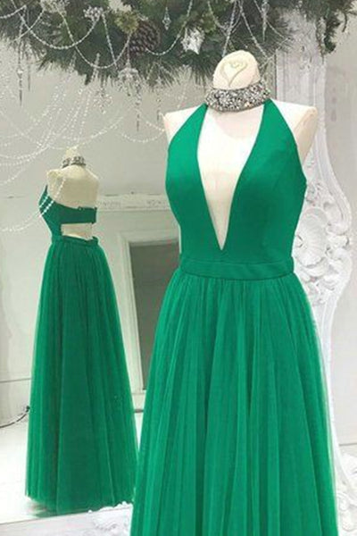A Line Deep V Neck Green Tulle Long Prom Dresses, V Neck Green Formal Dresses, Green Evening Dresses