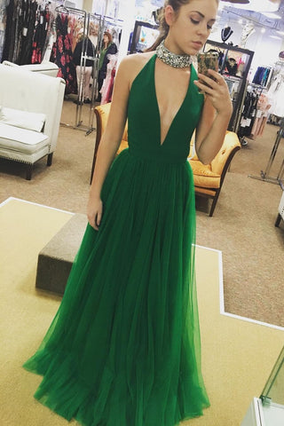 A Line Deep V Neck Green Tulle Long Prom Dresses, V Neck Green Formal Dresses, Green Evening Dresses