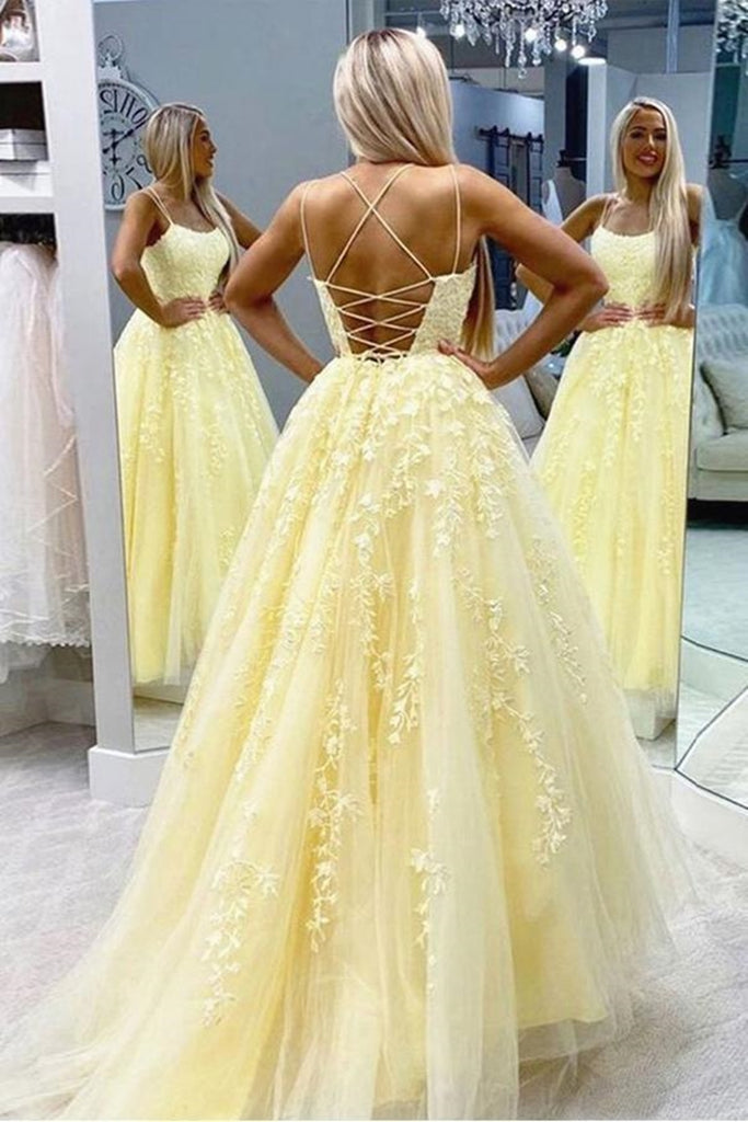 A Line Floor Length Lace Yellow Tulle Long Prom Dress, Yellow Lace For abcprom A Line Floor Length Lace Yellow Tulle Long Prom Dress, Yellow Lace For abcprom