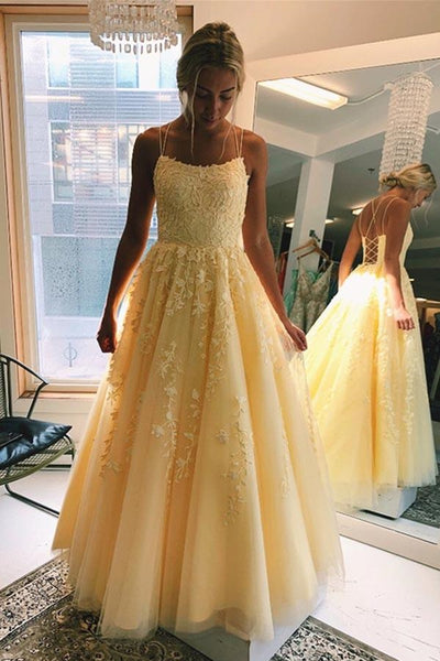 A Line Floor Length Lace Yellow Tulle Long Prom Dress, Yellow Lace Formal Dress, Yellow Evening Dress