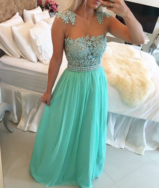 A Line Floor Length Sleeveless Lace Prom Dresses, Lace Formal Dresses