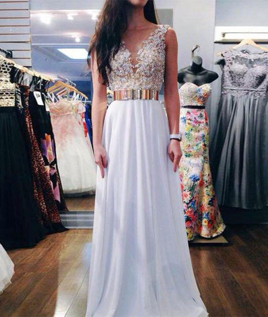 A Line Gold Belt White Lace Prom Dresses, White Formal Dresses With Go abcprom A Line Gold Belt White Lace Prom Dresses, White Formal Dresses With Go abcprom
