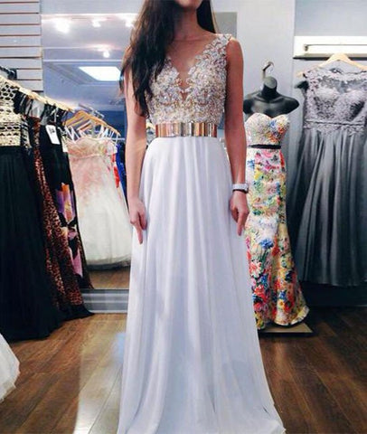 A Line Gold Belt White Prom Dresses, White Formal Dresses With Gold Belt