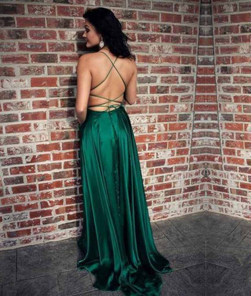 Green satin backless dress shop
