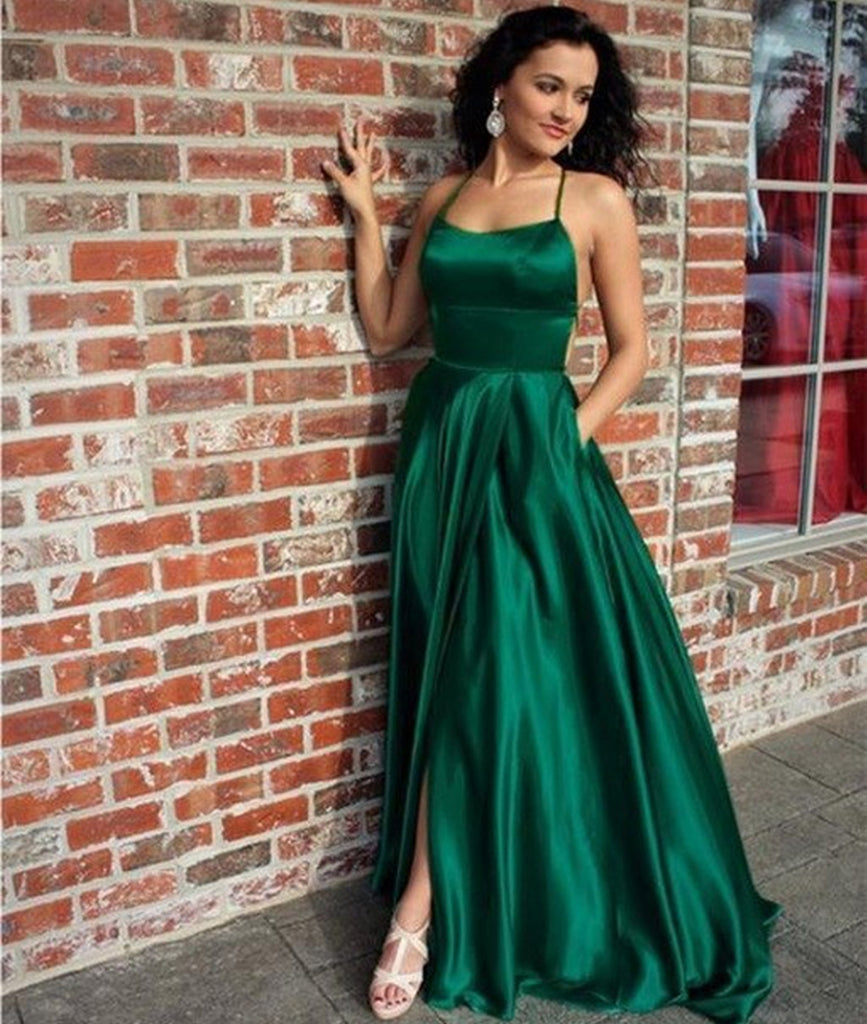 A Line Halter Neck Backless Long Emerald Green Prom Dresses with
