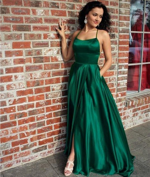 A Line Halter Neck Backless Long Emerald Green Prom Dresses with Pockets, Emerald Green Satin Formal Graduation Evening Dresses with Slit