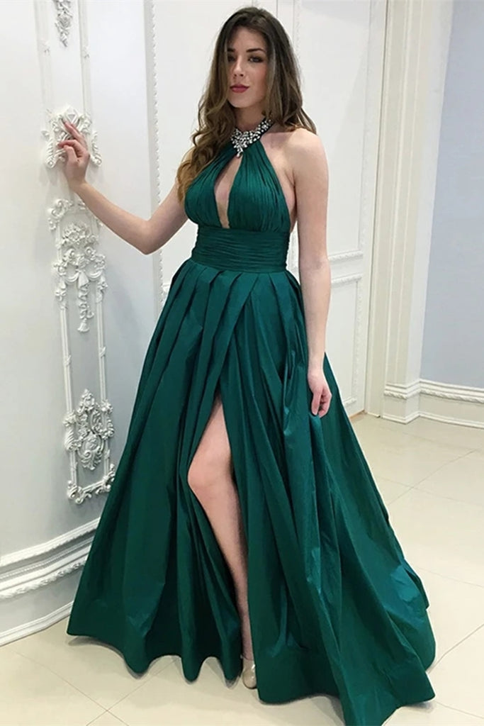 A Line Halter Neck Floor Length Dark Green Long Prom Dress with High Split, Dark Green Formal Graduation Evening Dress