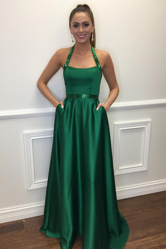 A Line Halter Neck Green Long Prom Dresses with Pocket, Halter Neck Green Formal Dresses, Green Evening Dresses