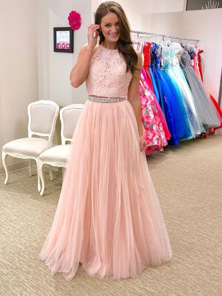 A Line Halter Neck Two Pieces Lace Beading Pink Prom Dresses, Pink Lac abcprom A Line Halter Neck Two Pieces Lace Beading Pink Prom Dresses, Pink Lac abcprom