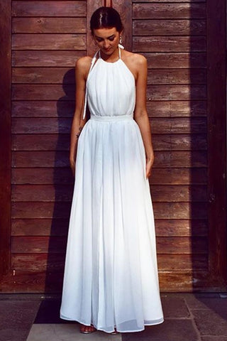 A Line Halter Neck White Long Prom Dress, Halter Neck White Formal Graduation Evening Dress, White Bridesmaid Dress