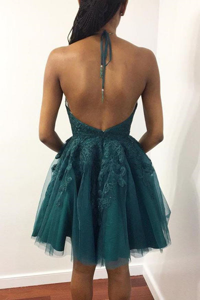 A Line Halter V Neck Backless Green Lace Short Prom Dress Homecoming Dress, Backless Lace Green Formal Graduation Evening Dress
