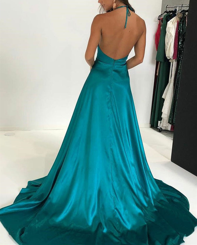 green emerald velvet dress A Line Halter V Neck Backless Green Satin Long Prom Dresses with High –  abcprom