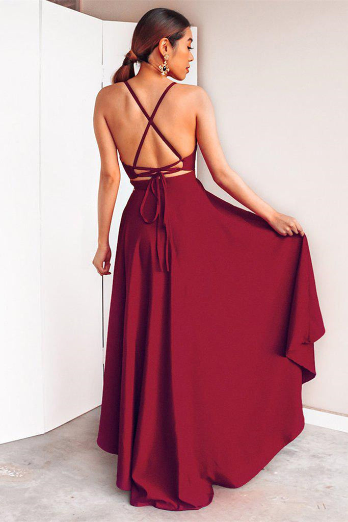 A Line High Low V Neck Backless Burgundy Prom Dresses, High Low Burgun –  abcprom