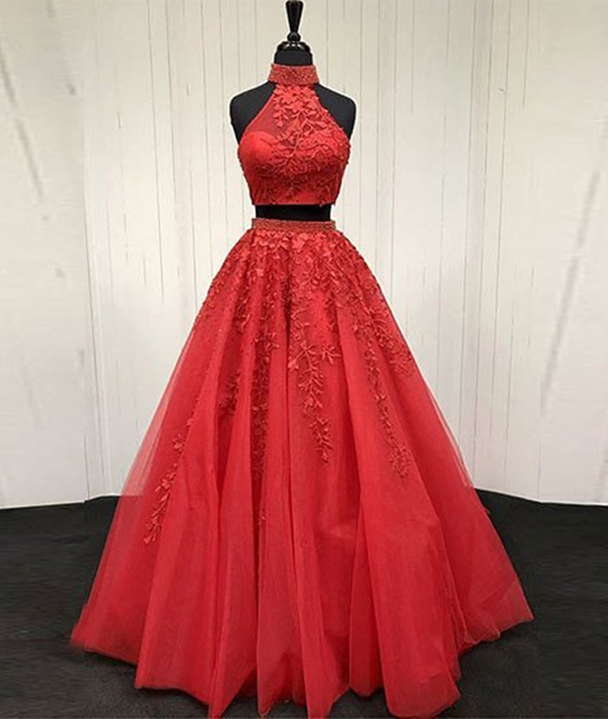 A Line High Neck 2 Pieces Lace Red Long Prom Dress, Red Lace Long Evening Dress, Red Formal Dress