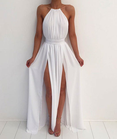 A Line High Neck Backless White Prom Dresses, White Formal Dresses, Backless Bridesmaid Dresses