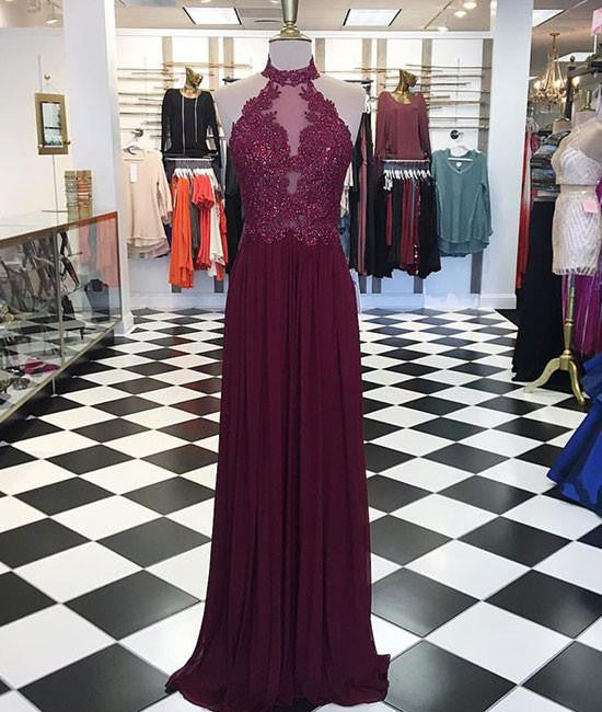 A Line High Neck Maroon Lace Long Prom Dresses, Maroon Lace Formal Dresses, Evening Dresses