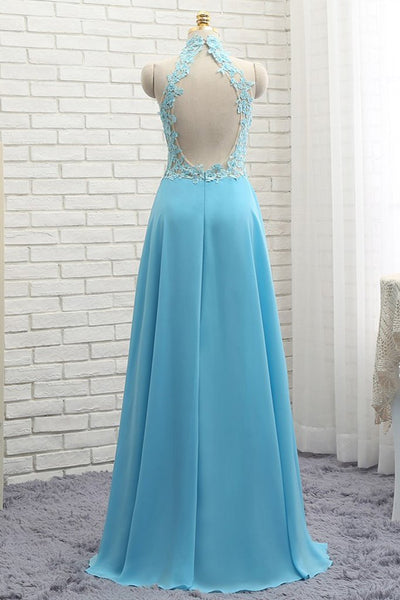 A Line High Neck Open Back Lace Chiffon Ruffles Blue Long Prom Dresses, Blue Lace Formal Dresses, Blue Lace Graduation Dresses