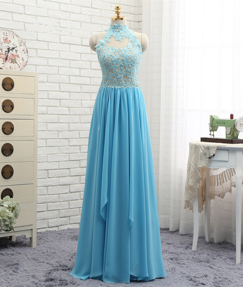A Line High Neck Open Back Lace Chiffon Ruffles Blue Long Prom Dresses abcprom A Line High Neck Open Back Lace Chiffon Ruffles Blue Long Prom Dresses abcprom