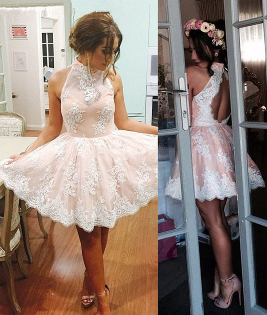 A Line High Neck Open Back Lace Pink Homecoming Dress, Pink Lace Short Prom Dress, Graduation Dress, Evening Party Dress