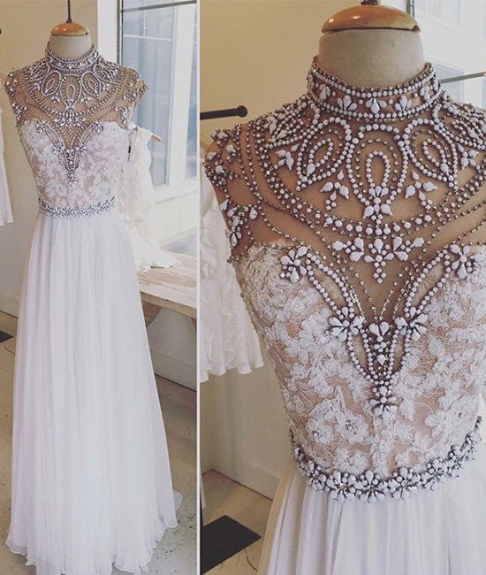A Line High Neck Beaded White Lace Prom Dresses, Lace Formal Dresses, White Evening Dresses