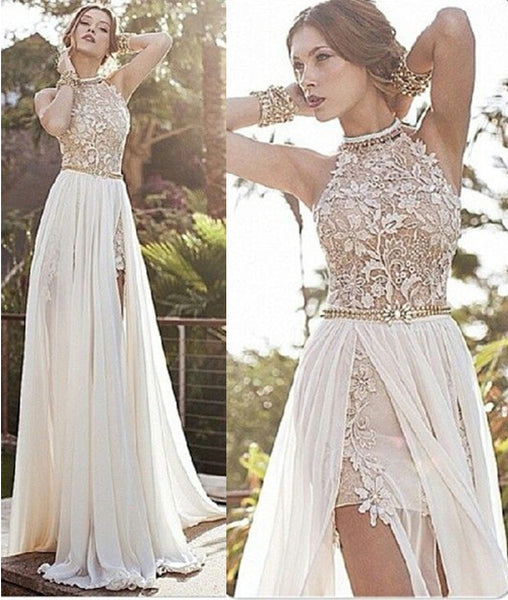 A Line High Neck Backless White Lace Prom Dresses, Long Backless White Lace Formal Dresses