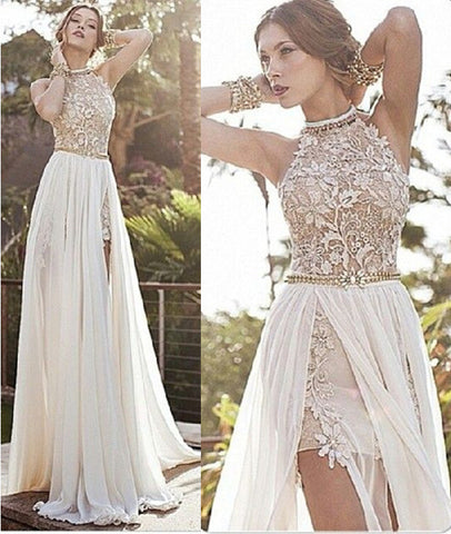 A Line High Neck Backless White Lace Prom Dresses, Long Backless White Lace Formal Dresses