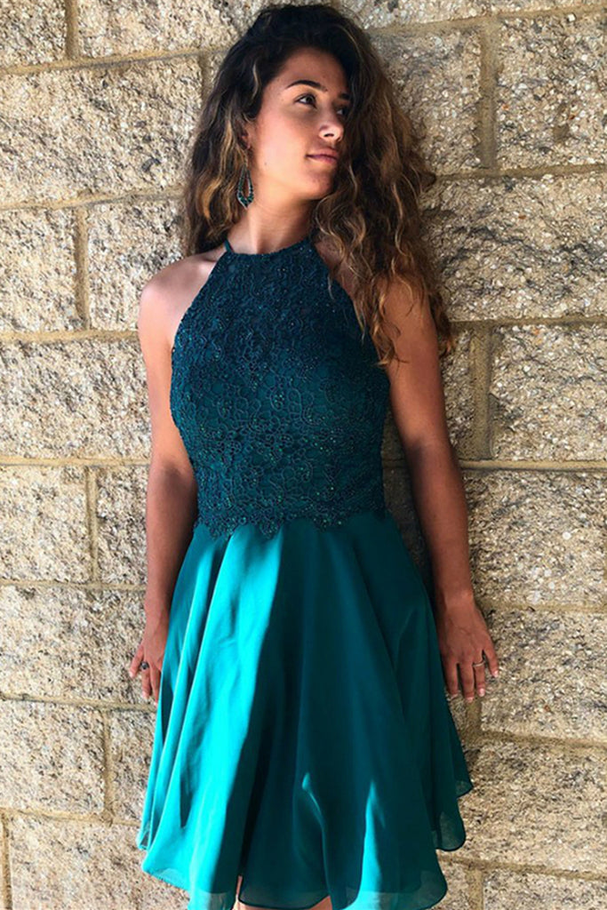A Line Lace Turquoise Chiffon Short Prom Dresses, Turquoise Lace Homecoming Dresses, Turquoise Formal Graduation Evening Dresses